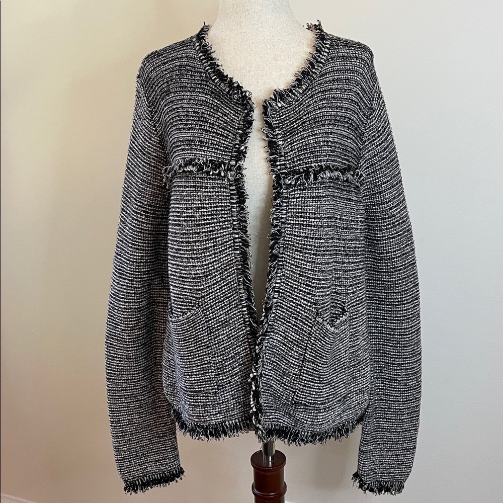 Chico’s Tweed Fringe Jacket Women’s Size 1 Black White Cotton